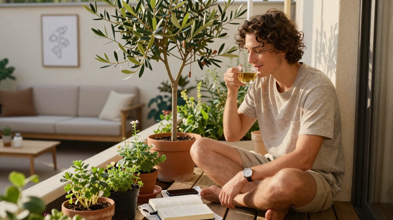Young man sitting cross-legged on a balcony, drinking tea and surrounded by potted plants and an open book.