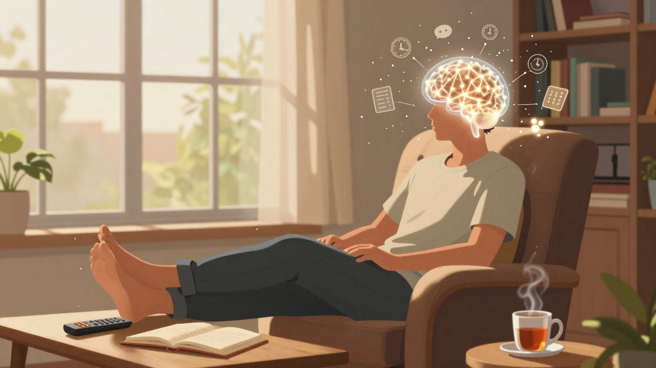 Person relaxing in an armchair with a glowing brain illustration and icons of clocks and documents around their head.