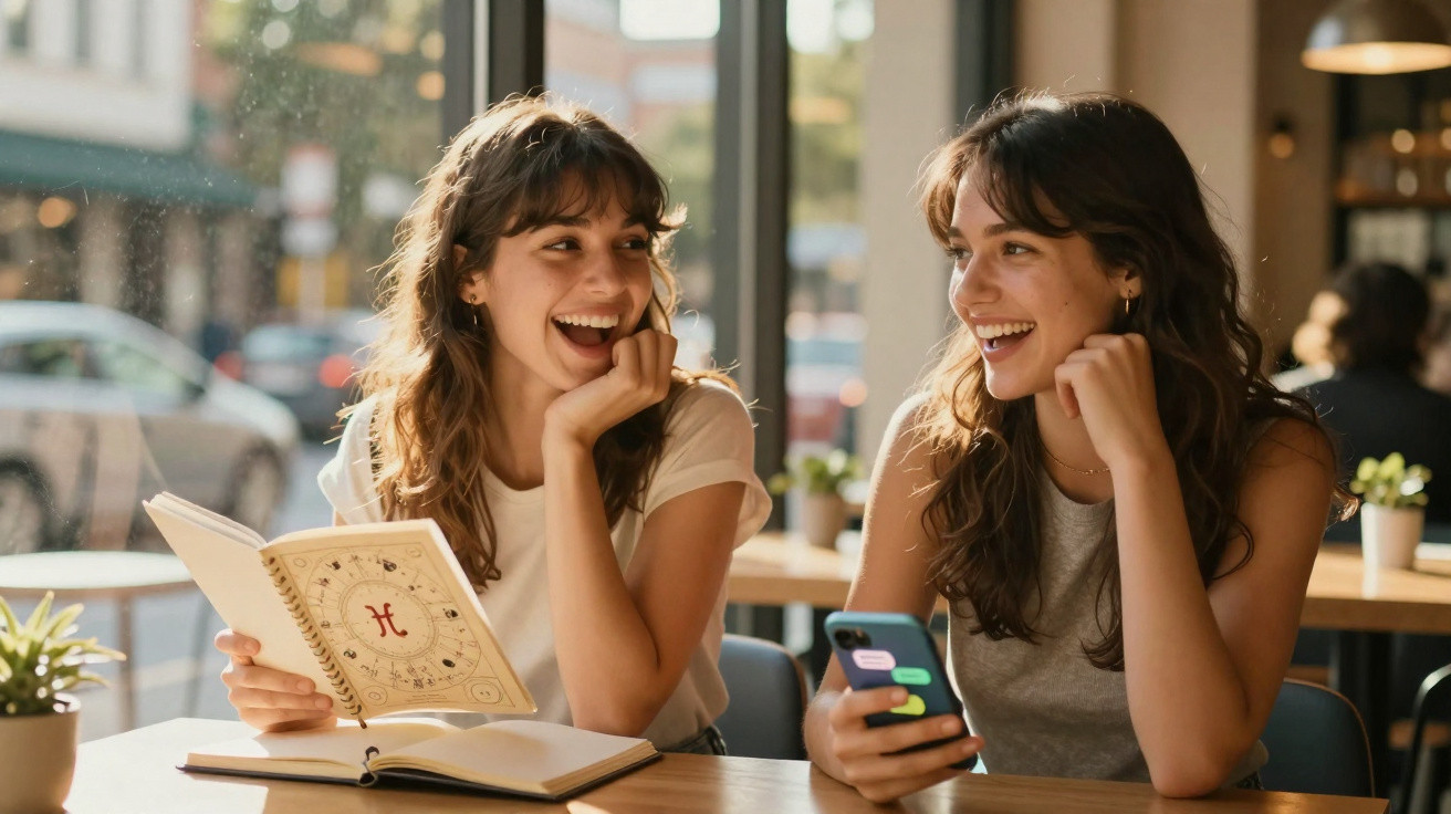 Two young women smiling and chatting at a cafe table, one holding a phone, the other a book.