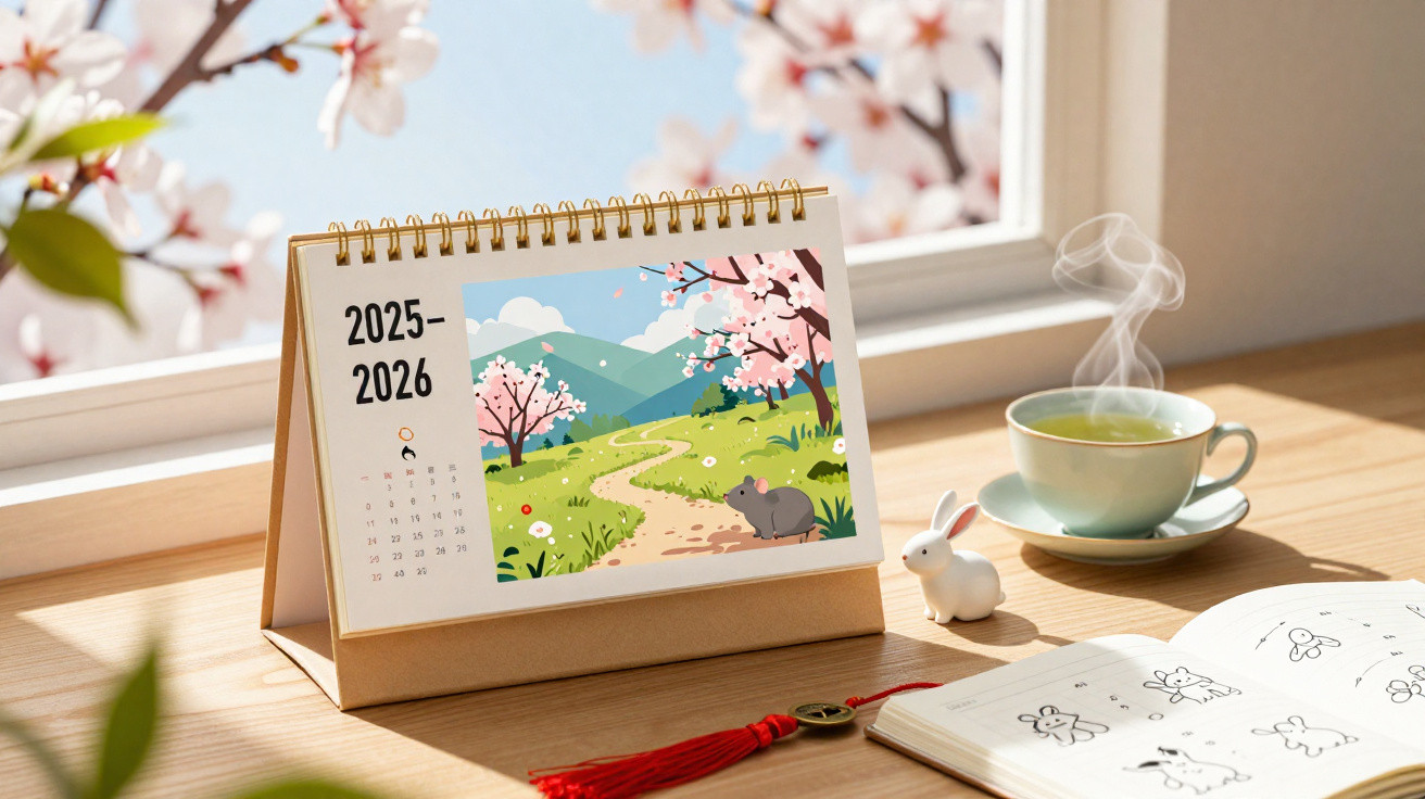 2025-2026 desk calendar with spring illustration, steaming green tea, bunny figurine, and notebook on wooden table.