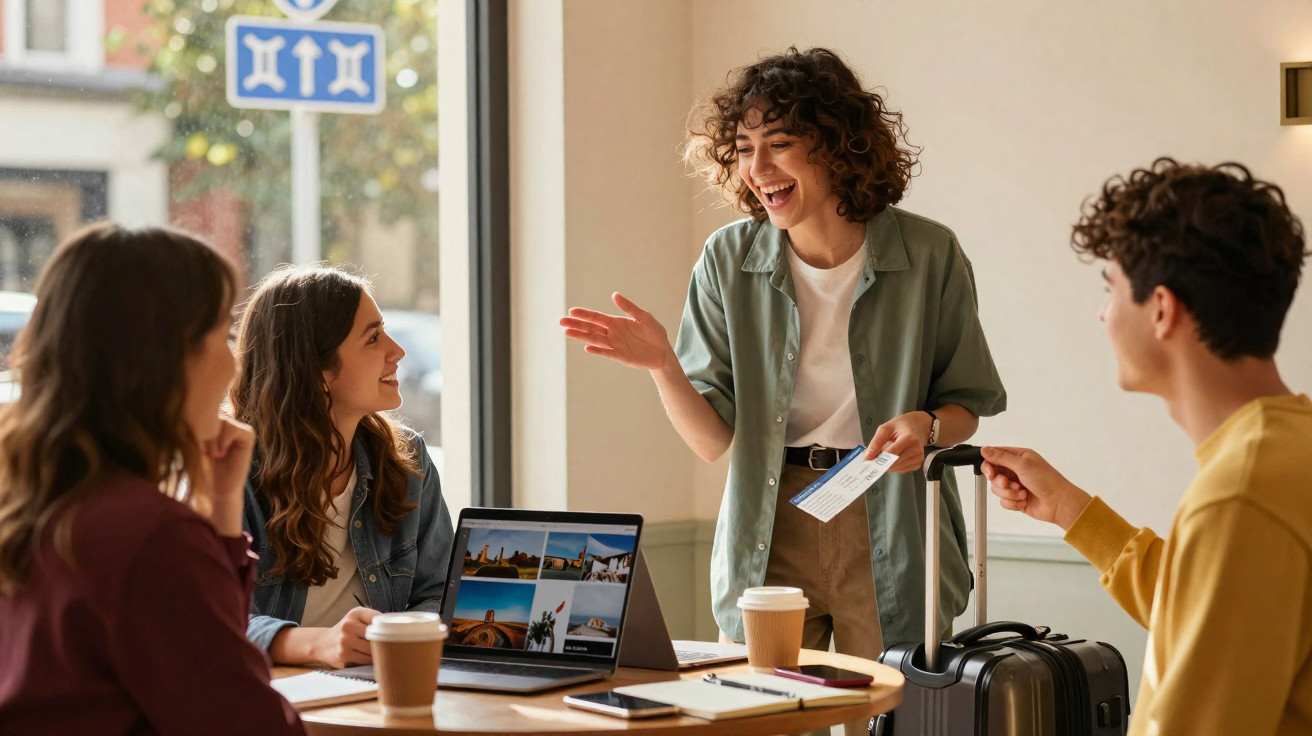 Group of young friends planning a trip with laptop, tickets, and luggage in a bright café.