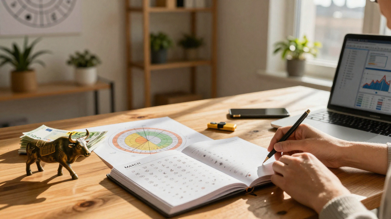 Person writing in a notebook on a wooden desk with charts, money, a bull figurine, and laptop displaying graphs.