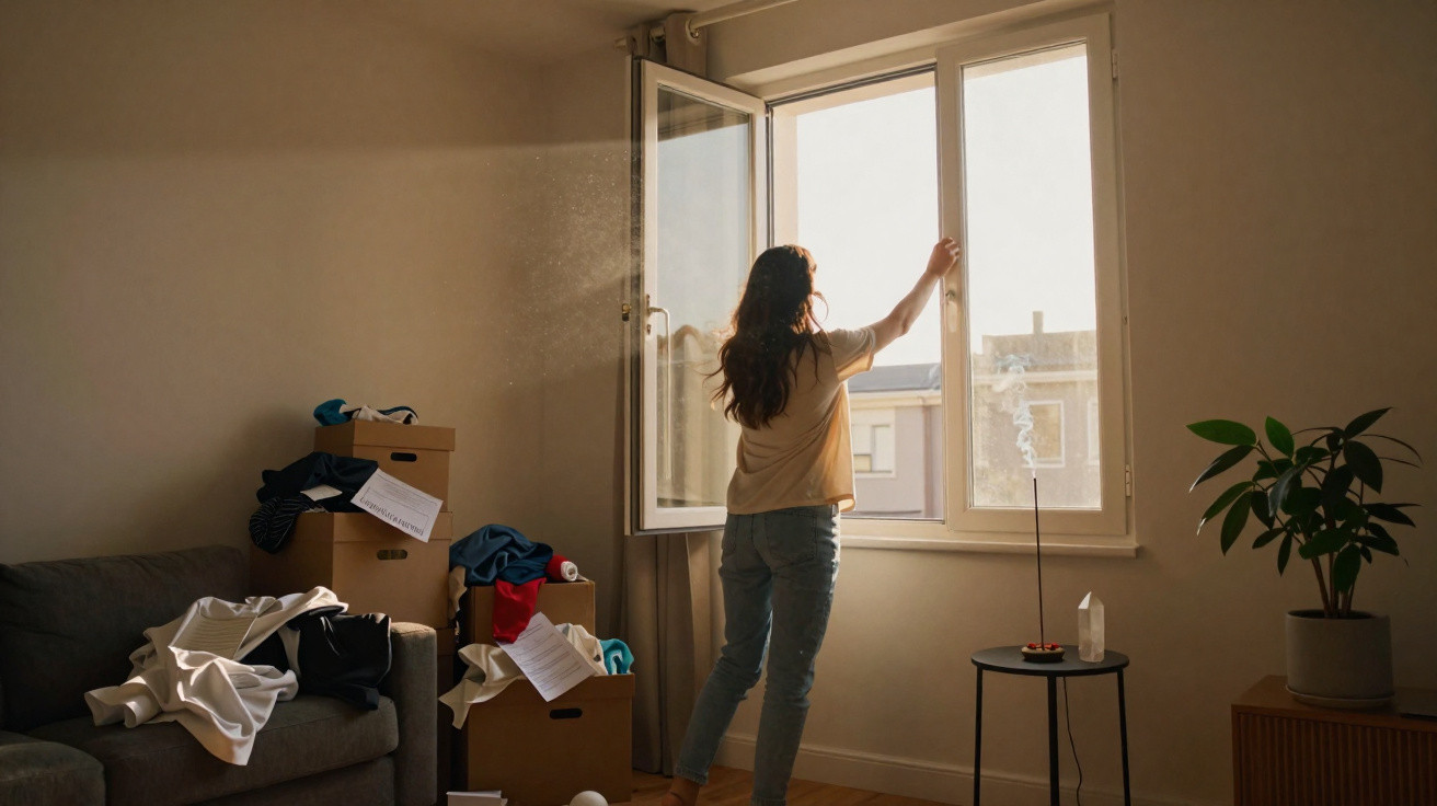 Person opening a window in a cluttered room with moving boxes, clothes, and a burning incense stick on a table.