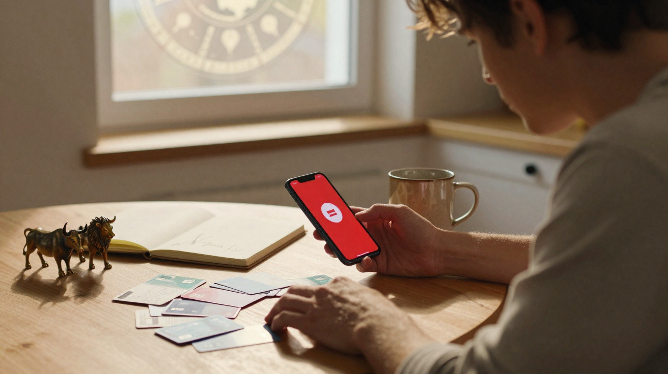 Person sitting at a table holding a phone with a red error screen, surrounded by scattered credit cards and figurines.