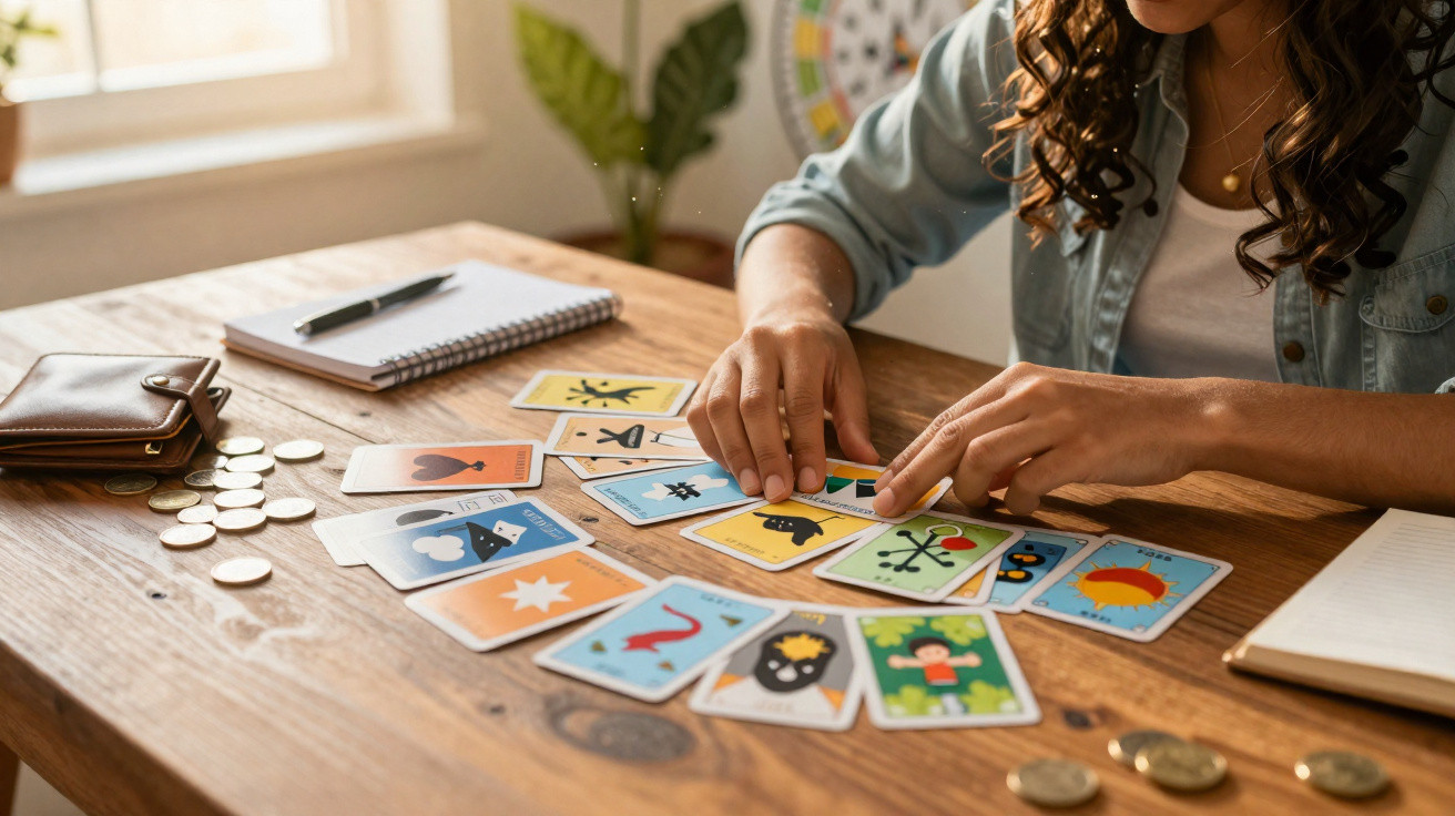 Person with curly hair laying out colourful fortune-telling or tarot cards on a wooden table with coins and notebooks nearby.