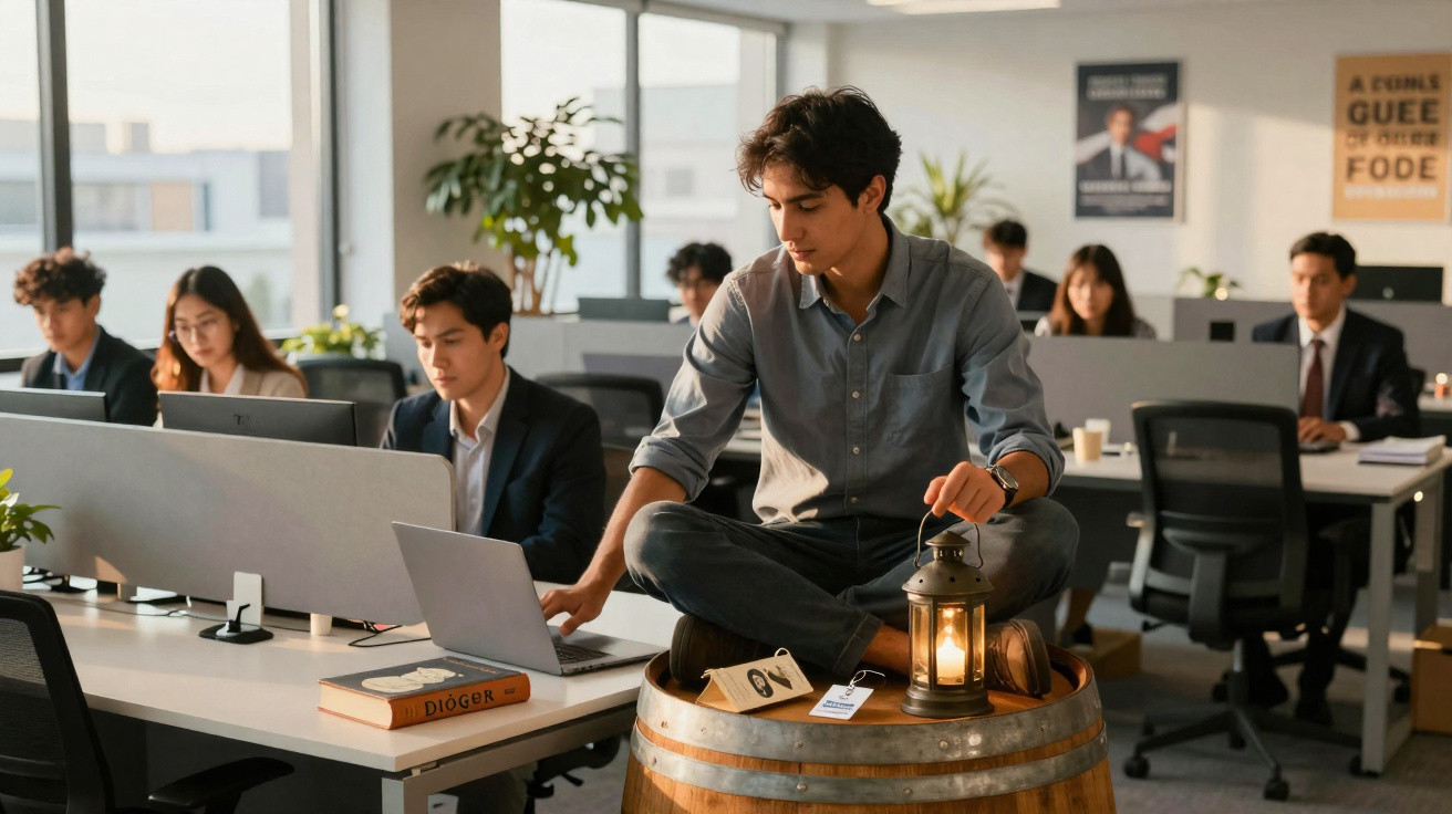Young man sitting cross-legged on a barrel holding a lantern, working on a laptop in a busy office.