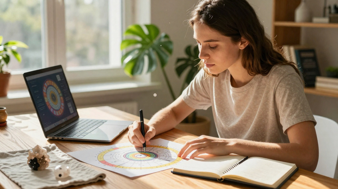 Young woman drawing on a colourful circular chart at a wooden table with a laptop and notebook nearby.