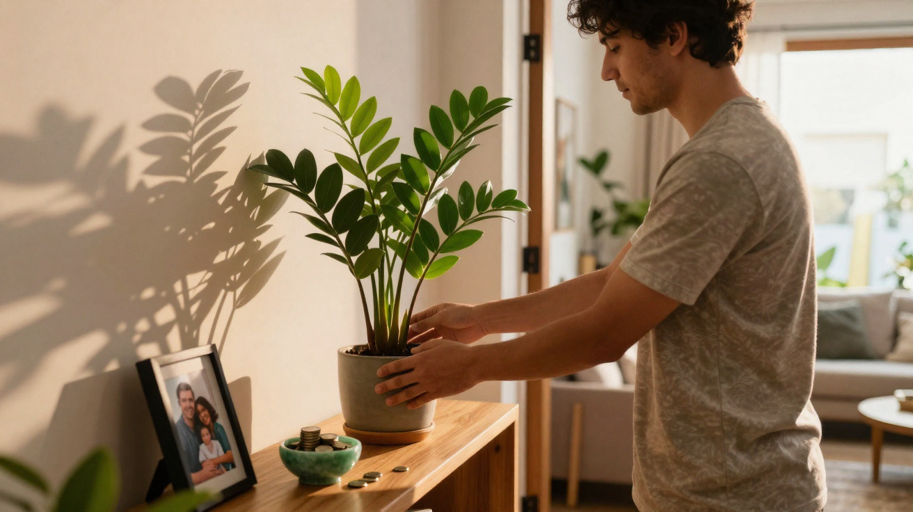 Young man placing a potted plant on a wooden sideboard beside a framed family photo in a sunlit room.