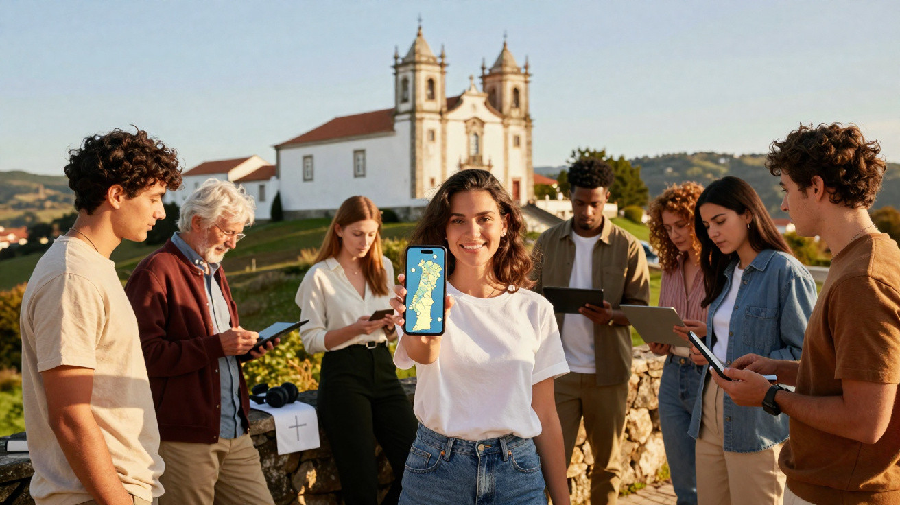 Group of young adults at historic site with woman showing a phone screen featuring a map, church in background.