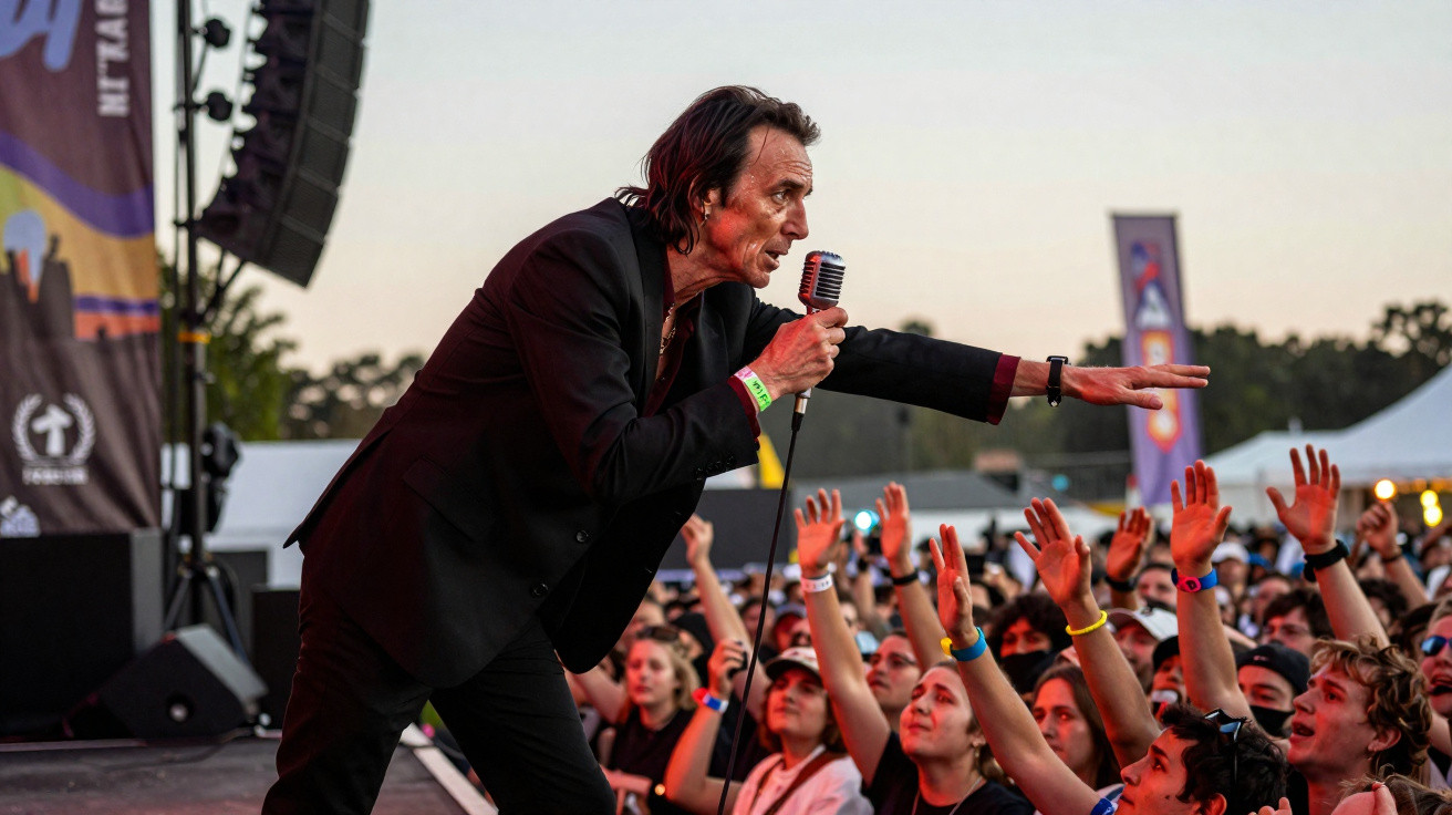 Male singer in black suit performs passionately to crowd reaching out at outdoor concert at dusk.