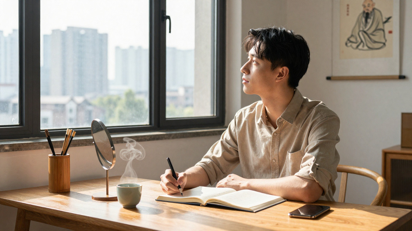 Young man writing in a notebook while looking out a window with a steaming cup and pens on the desk.