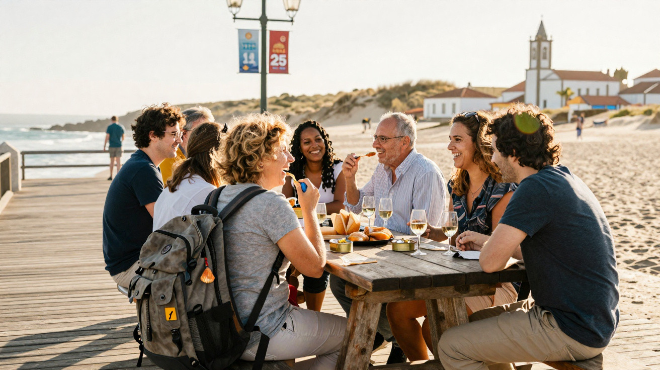 Group of friends enjoying food and drinks at a beachside picnic table on a sunny day.