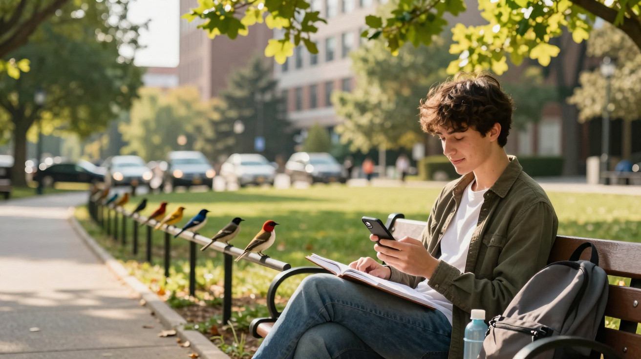 Young man sitting on a park bench studying with birds perched on a railing in sunlight.