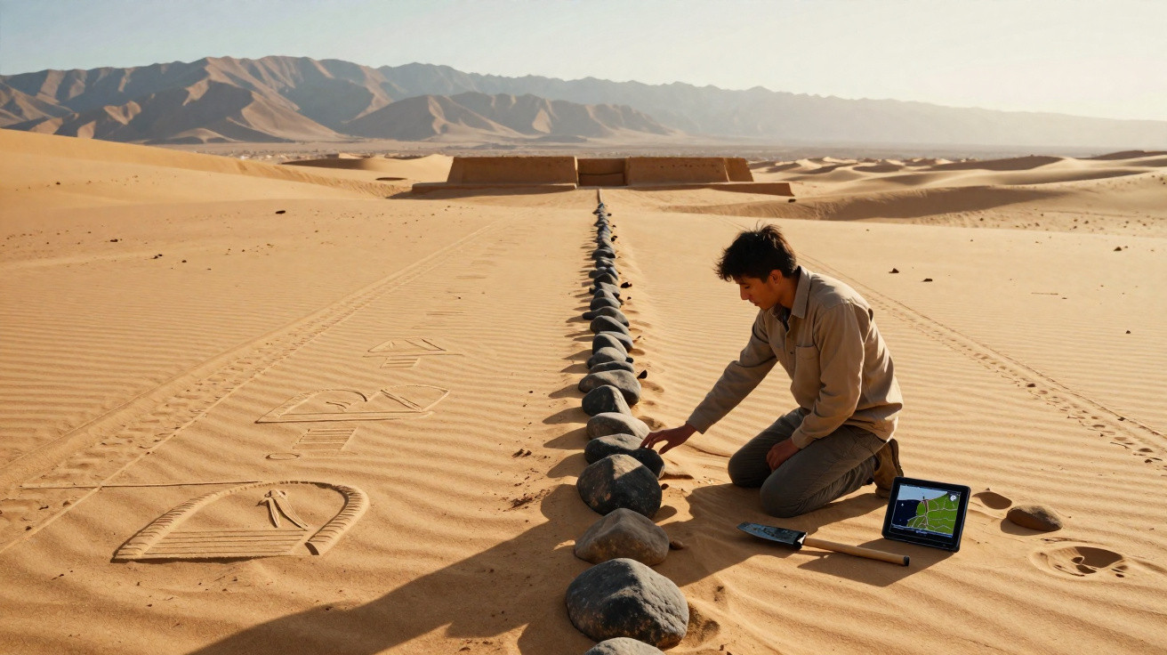 Person kneeling beside a line of stones in a desert with sand drawings and tablets nearby, mountains in background.