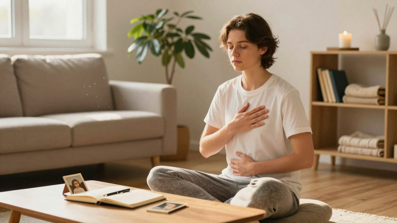 Young person meditating in a cosy living room, seated cross-legged with hands on chest and stomach.