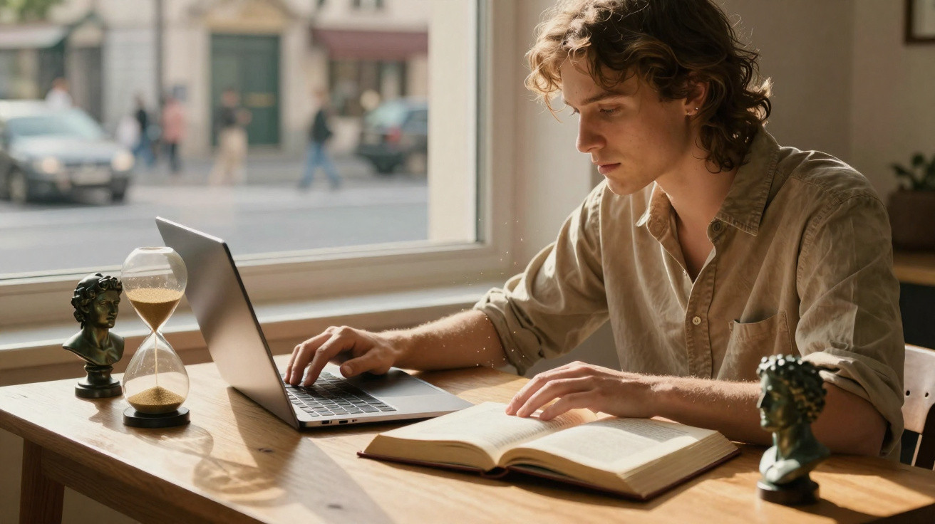 Young man studying at a wooden table with a laptop, open book, hourglass, and bust sculptures by a window.