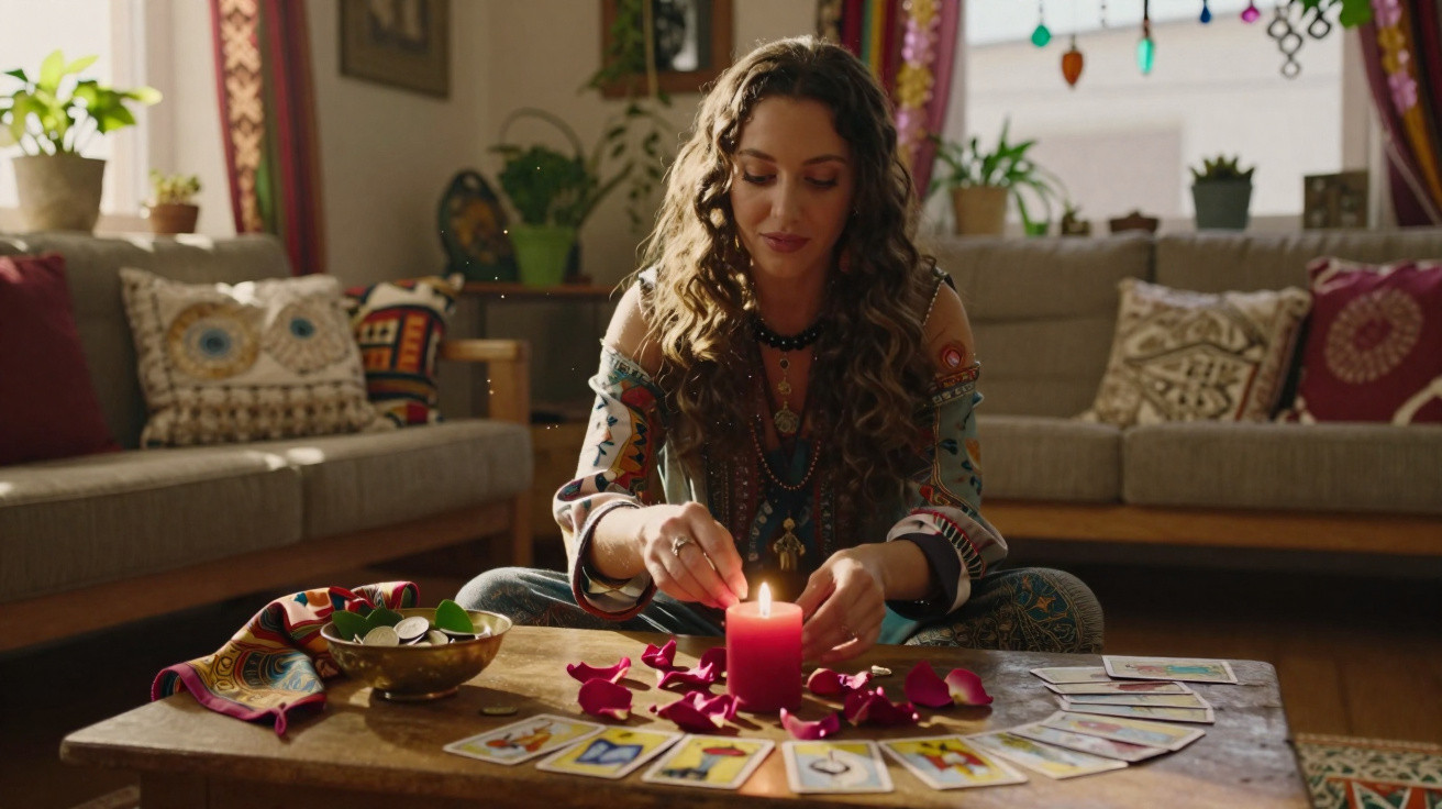Woman with curly hair lighting a red candle surrounded by tarot cards and rose petals on a wooden table.