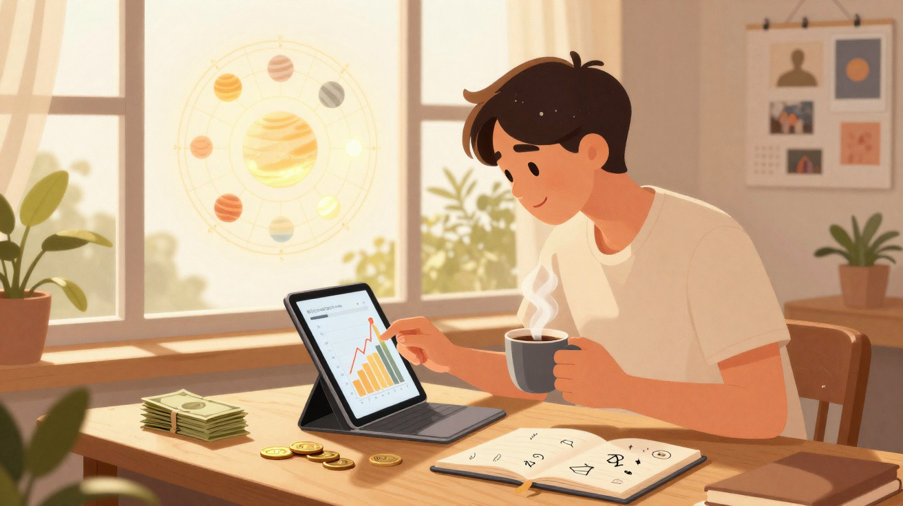 Young man analysing financial graph on tablet while holding a steaming cup at a sunlit wooden table.