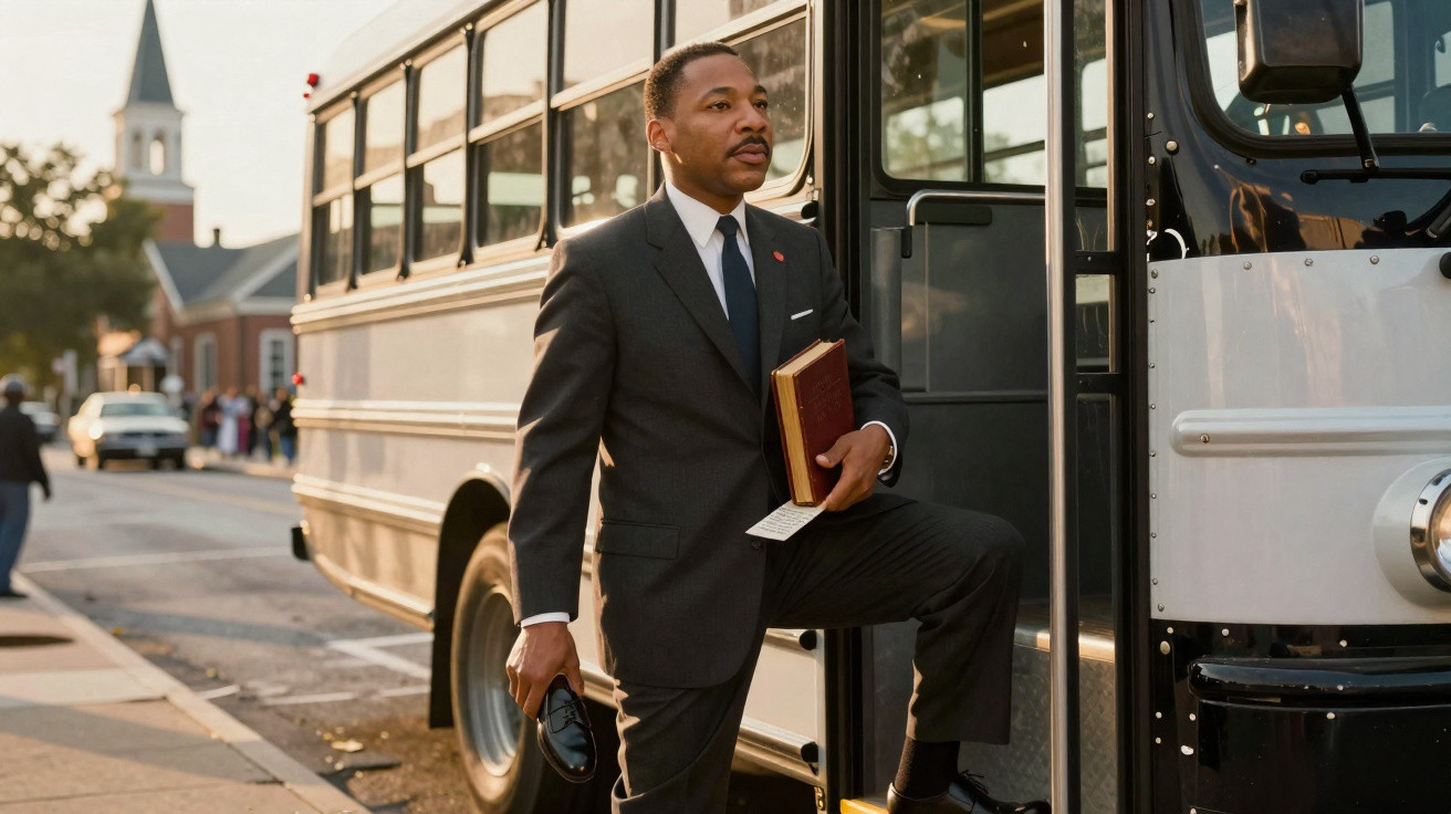 Man in suit holding a book and shoes stepping onto a bus with a church in the background at sunset.