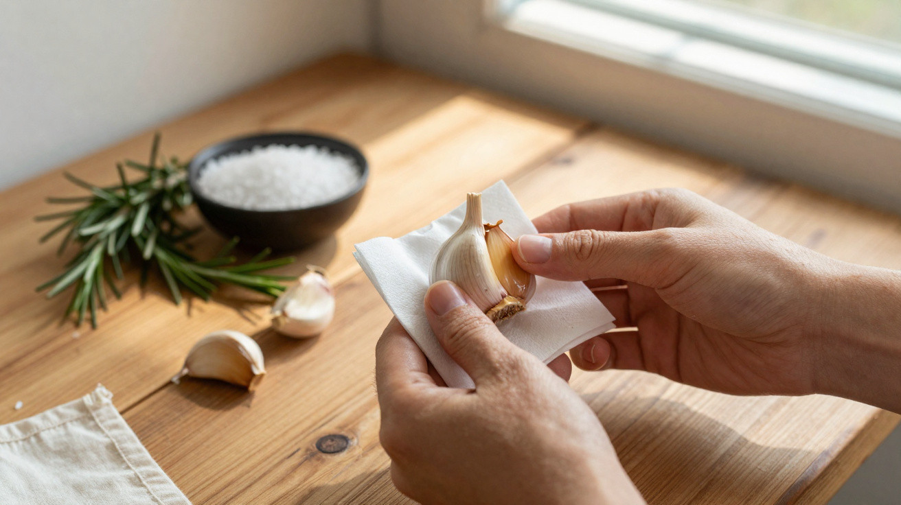 Hands peeling a garlic clove over a wooden table with rosemary and a bowl of sea salt nearby.