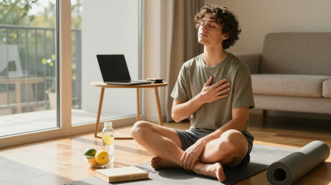 Person meditating in a seated yoga pose on a mat in a sunlit living room with a laptop and fruit nearby.