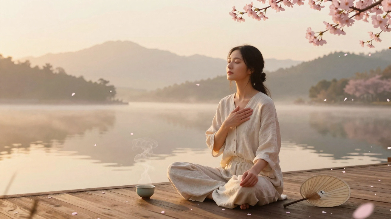 Woman meditating on a wooden dock by a misty lake with cherry blossoms and mountains in the background.