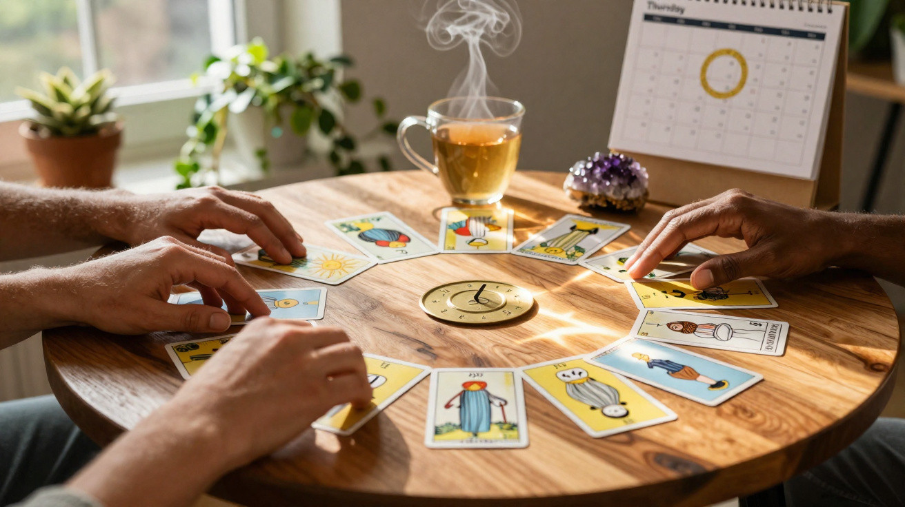 Two people arranging a circle of tarot cards on a wooden table with a steaming cup of tea and a calendar nearby.