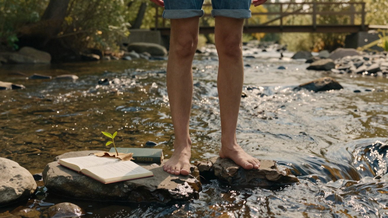 Bare feet standing on rocks in a shallow stream with an open book and small plant beside them.