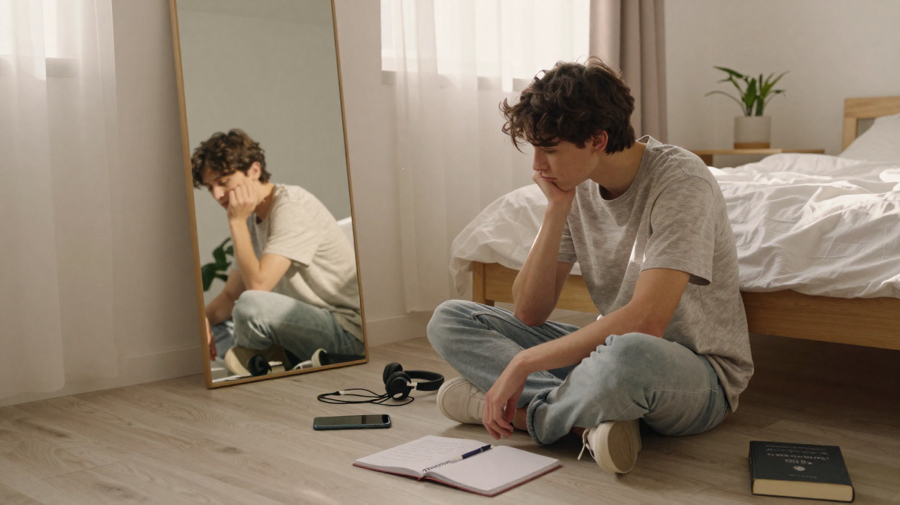 Young man sitting on bedroom floor, looking thoughtful with notebook, phone, and headphones nearby.