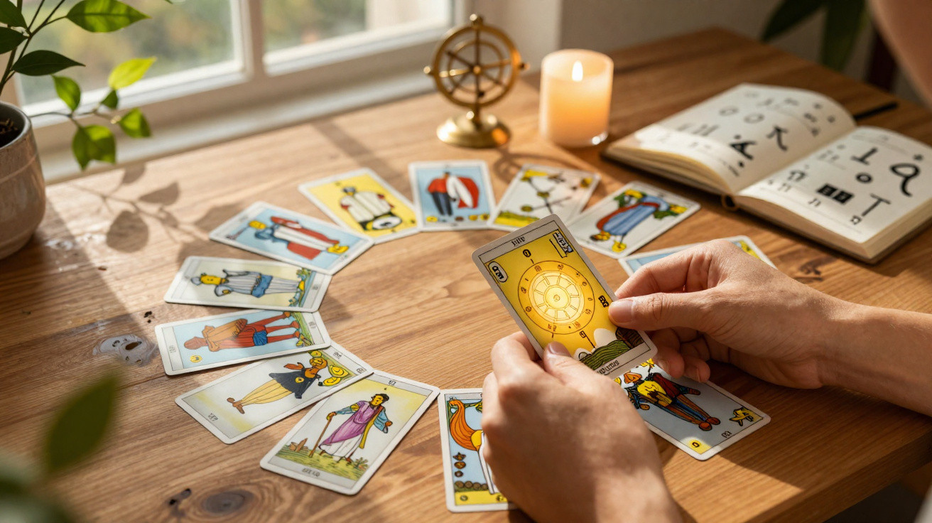 Hands holding a Tarot card over a circular spread of Tarot cards on a wooden table with a lit candle and open book.