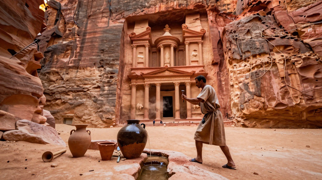 A man in traditional attire fills a jug with water in front of the ancient rock-cut Treasury at Petra, Jordan.