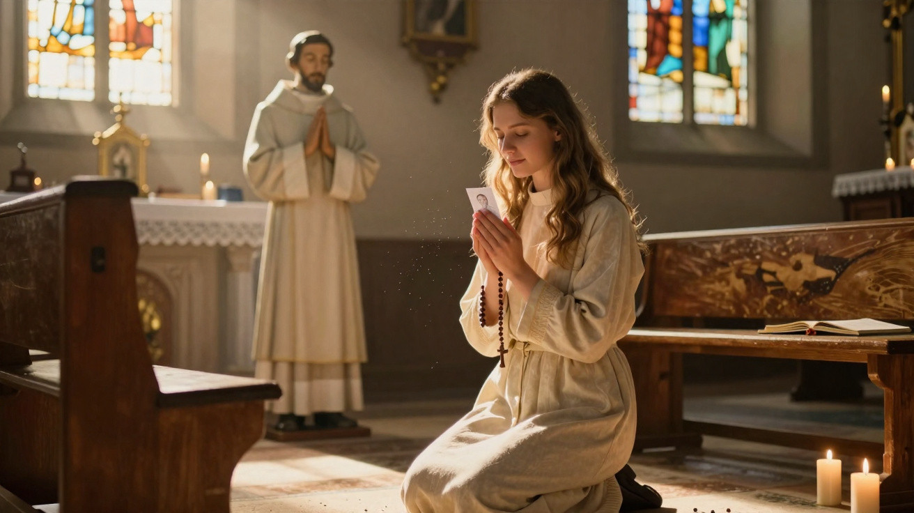 Young woman kneeling and praying with rosary and holy card inside a sunlit church near a priest statue and candles.