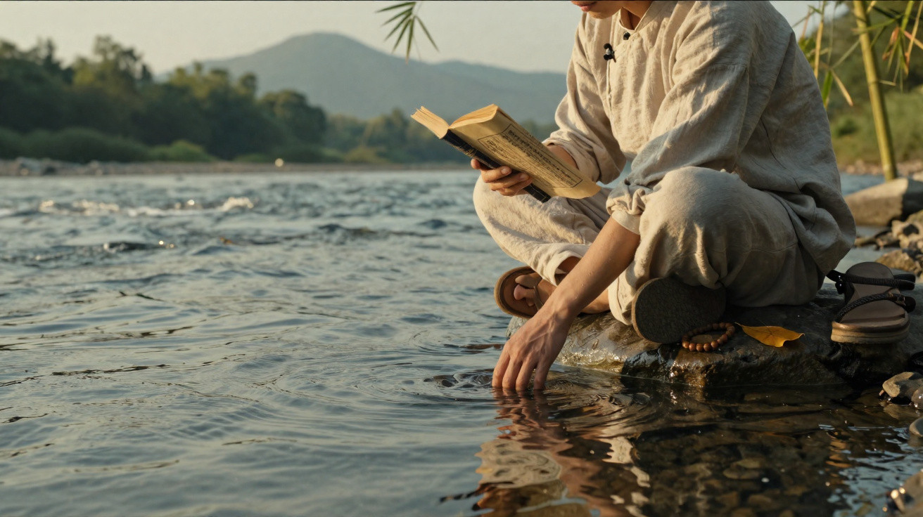 Person sitting by a riverbank, reading a book and touching the water with their hand in a peaceful outdoor setting.