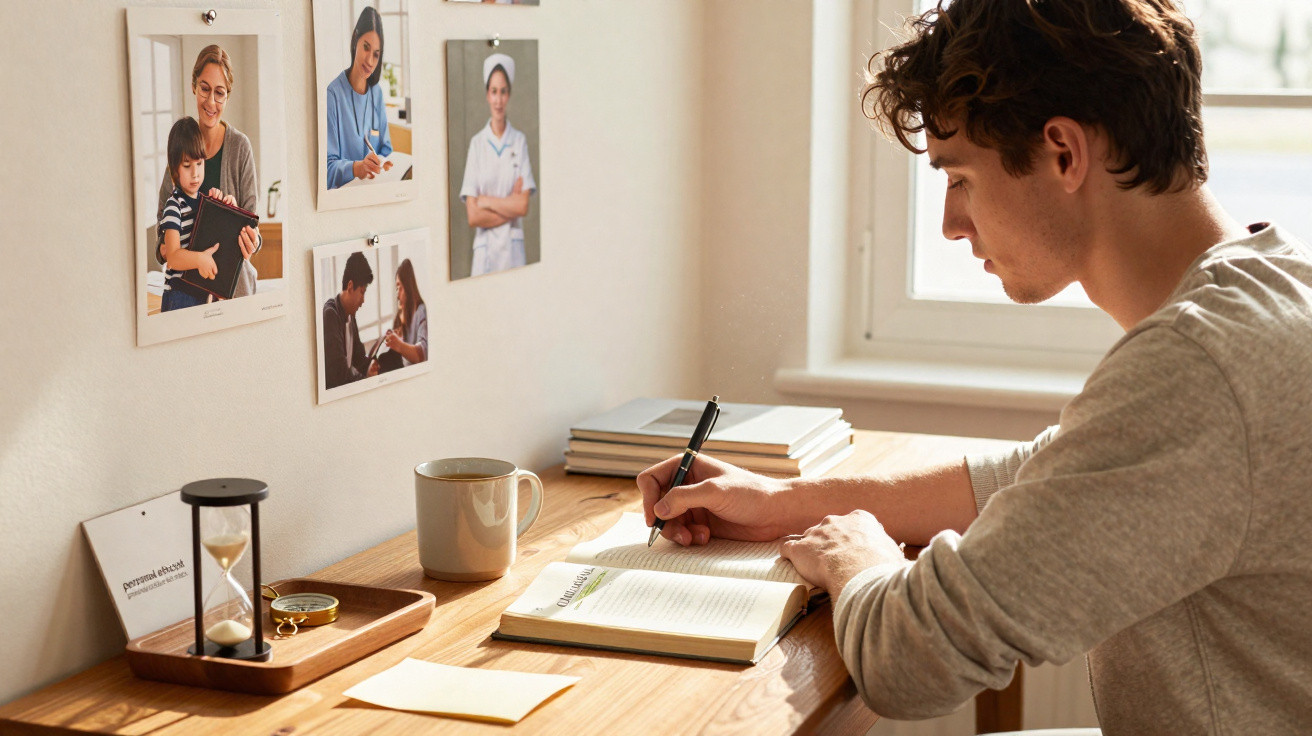 Young man writing in a notebook at a wooden desk with photos on the wall and a mug nearby in natural light.