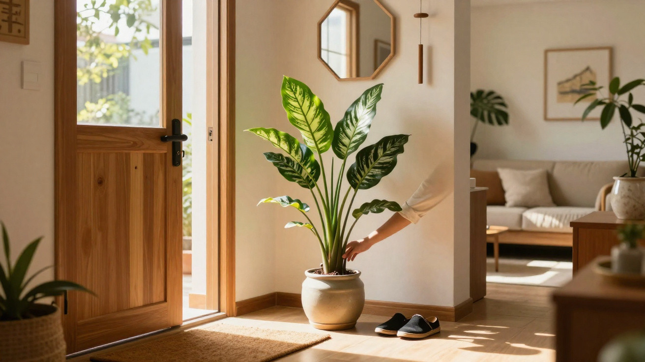 Hand placing leaves of a large potted plant in a sunlit wooden hallway with open door and slippers nearby.