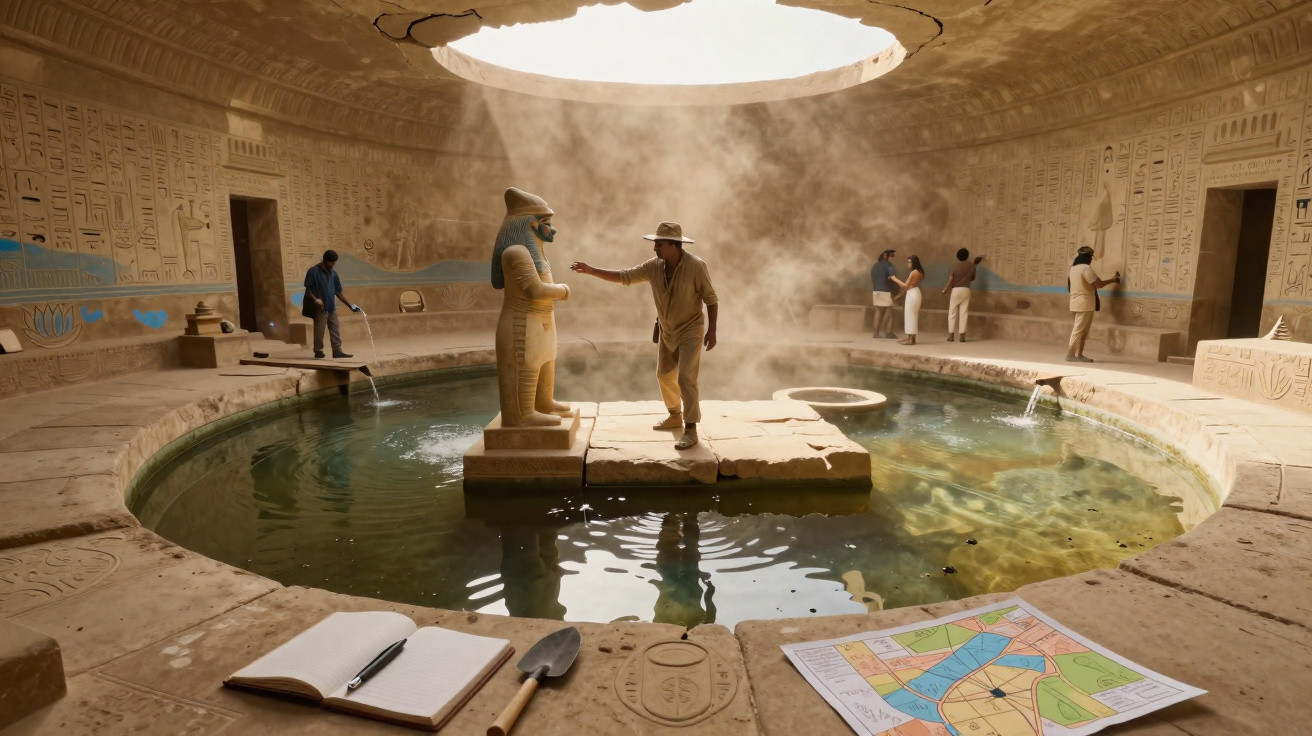 Archaeologists examining an ancient circular pool with Egyptian carvings and a statue beneath a sunlit ceiling opening.