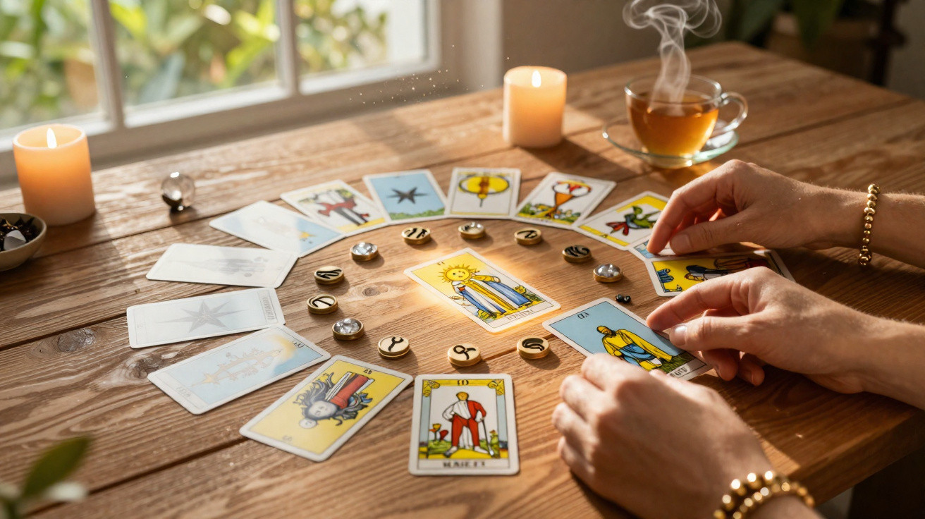 Hands laying out tarot cards in a circle on a wooden table with candles and a steaming cup of tea.