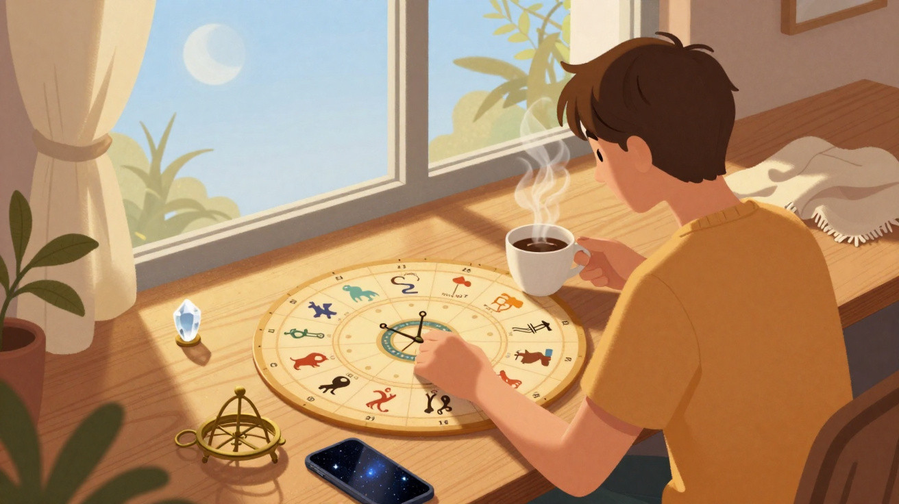Person holding a steaming cup of coffee, looking at a zodiac wheel on a sunlit wooden desk by the window.