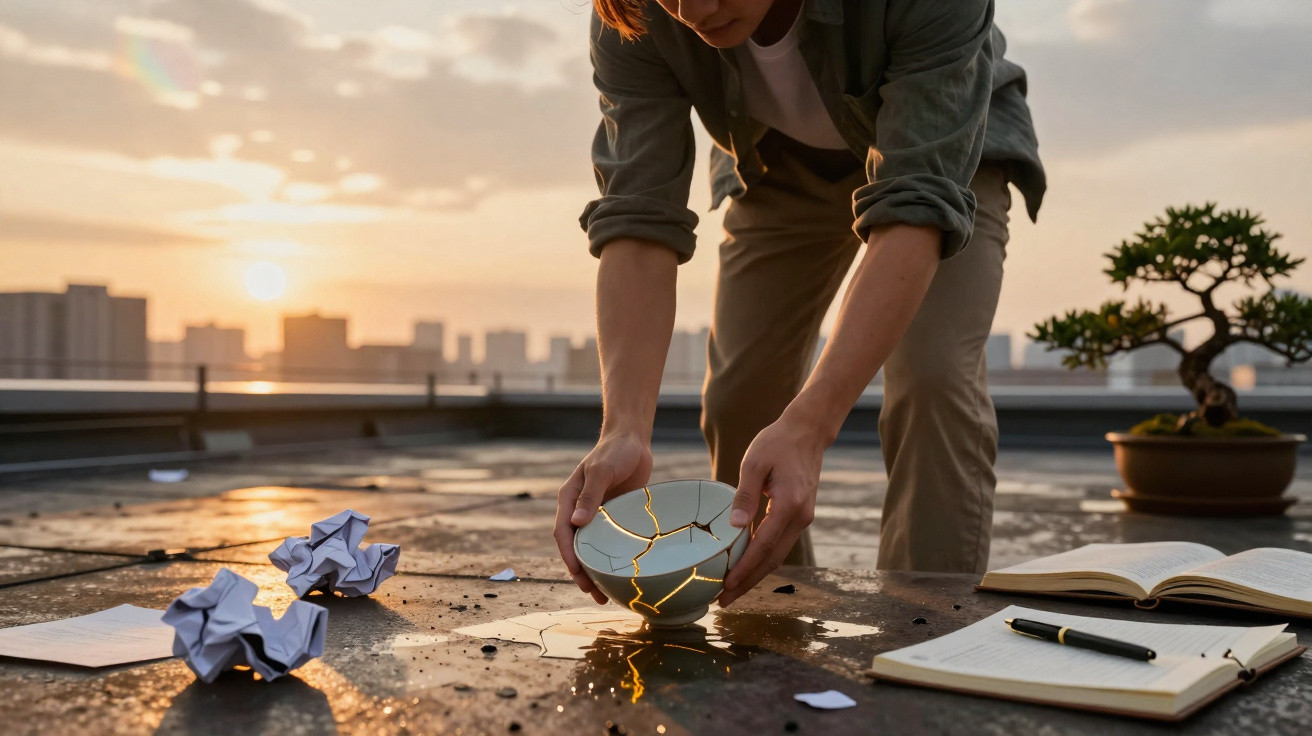 Person performing kintsugi repair on a cracked bowl with golden adhesive on rooftop at sunset.