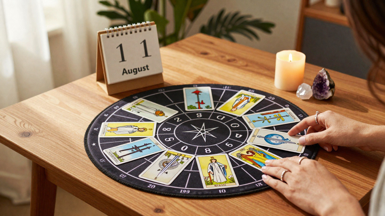 Hands placing tarot cards on a circular board with a calendar showing 11 August and a lit candle nearby.