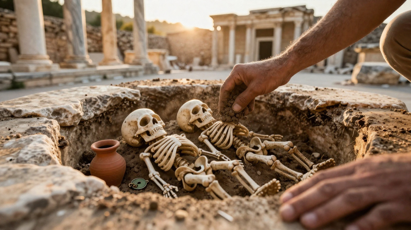 Archaeologist carefully excavating two small skeletons and pottery in an ancient stone burial site.
