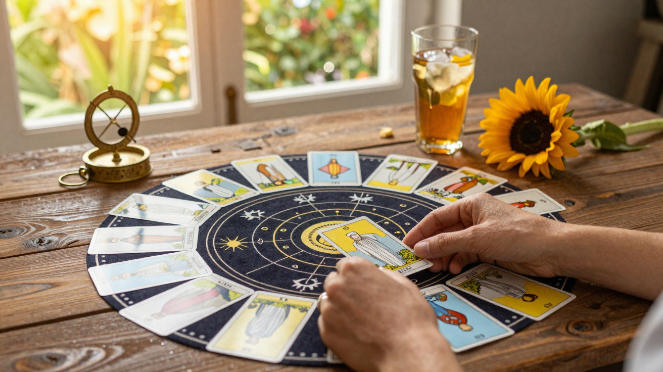 Hands holding tarot cards arranged in a circle on a wooden table with a sunflower and iced tea nearby.