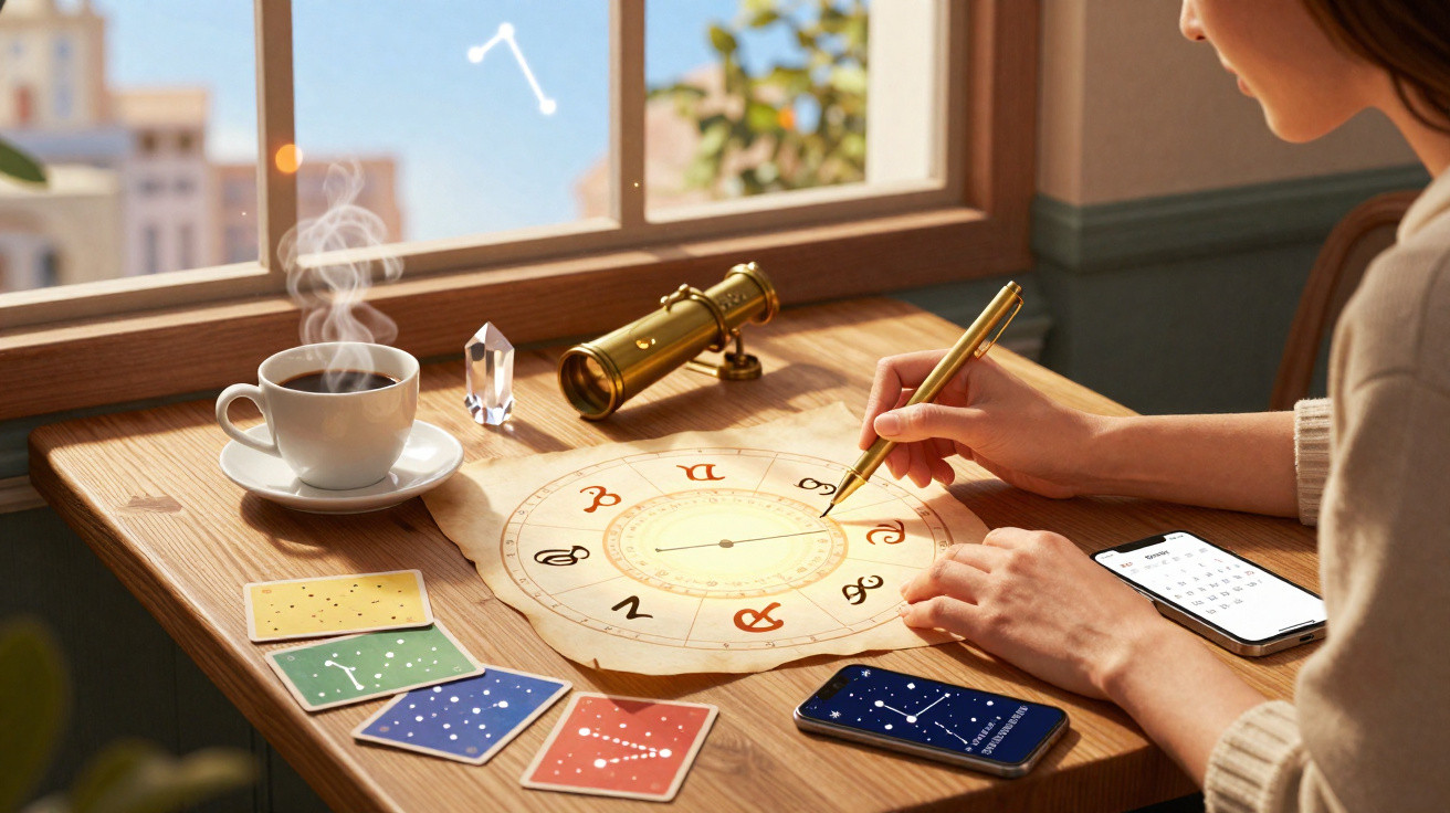 Person drawing on an astrology chart with zodiac cards, smartphone, telescope, crystal, and steaming coffee on a wooden table