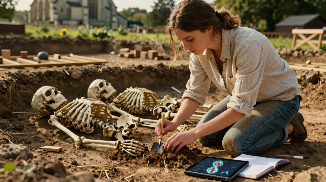 Archaeologist excavating human skeletons at dig site with tablet and notebook nearby on the ground.