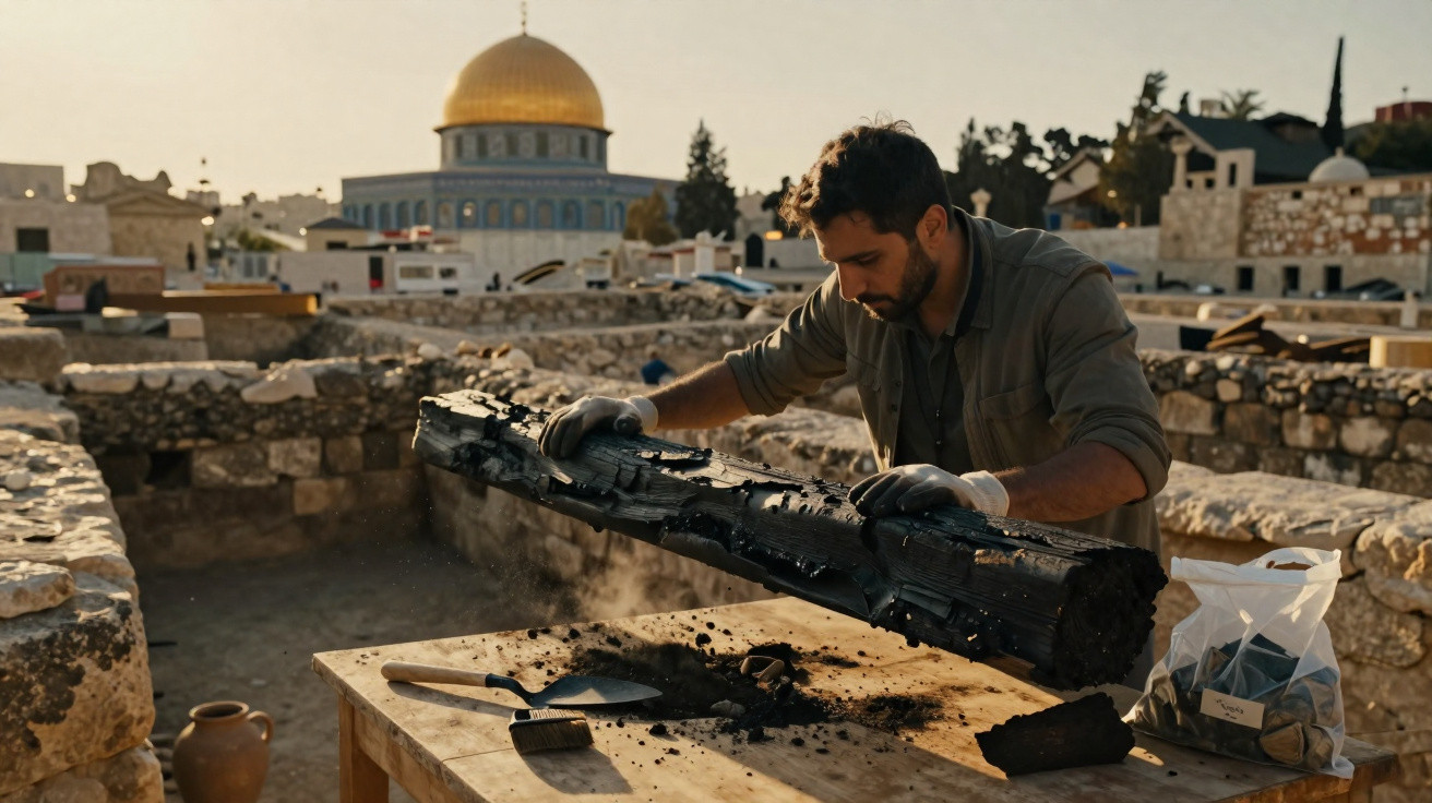 Archaeologist examining an ancient charred wooden artifact at a dig site with the Dome of the Rock in the background.