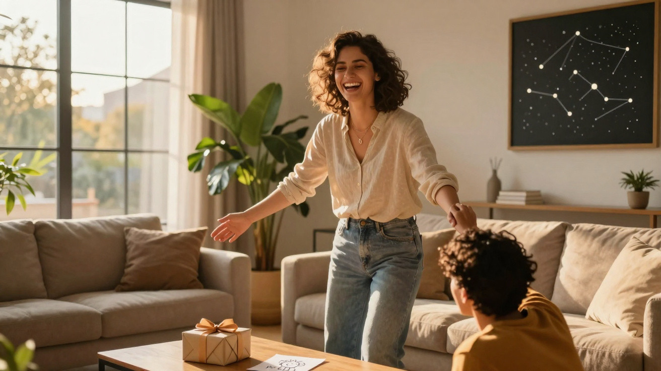 Woman joyfully reaching out to embrace a seated person in a sunlit living room with cosy decor.