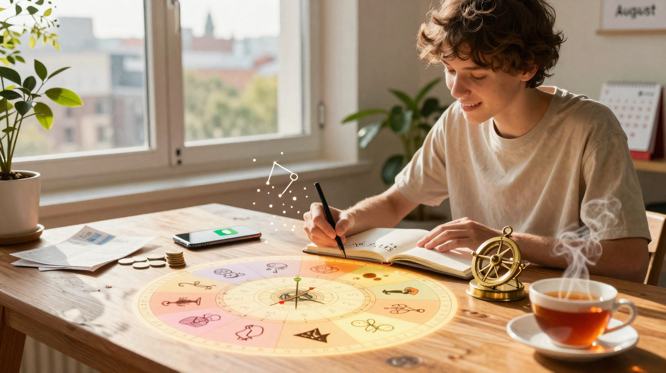 Young person writing in a notebook at a desk with a zodiac chart, astrological symbols, and a steaming cup of tea.