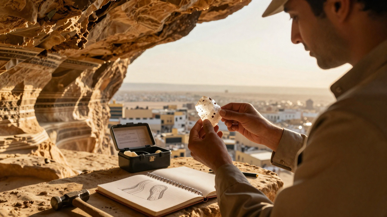 Archaeologist examining a translucent rock sample inside a rocky cave overlooking a coastal town.